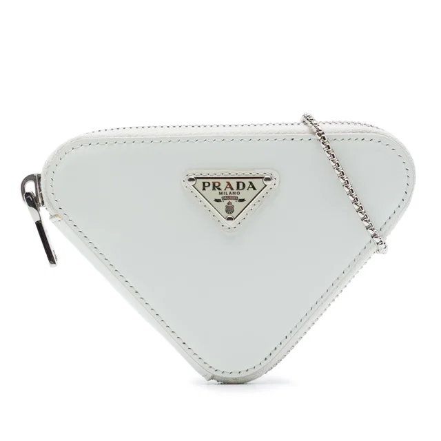 White Prada Mini Brushed Leather Triangle Chain Pouch Crossbody Bag in White Leather from Designer Revival