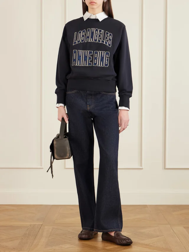 ANINE BING Harry embroidered appliquéd cotton-jersey sweatshirt in Black, photo 2 of 2 from NET-A-PORTER (Canada)
