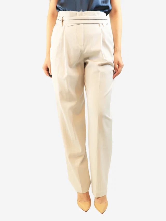 Brunello Cucinelli Neutral high waist belted trousers - size UK 10 in Wool from Sign of the Times