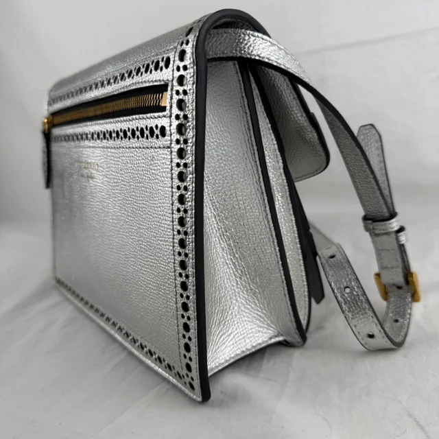 Burberry Silver Leather Fringed Macken Crossbody Bag in Silver GHW, Leather, Metal, Perforated leather from Reowned, photo 6 of 10