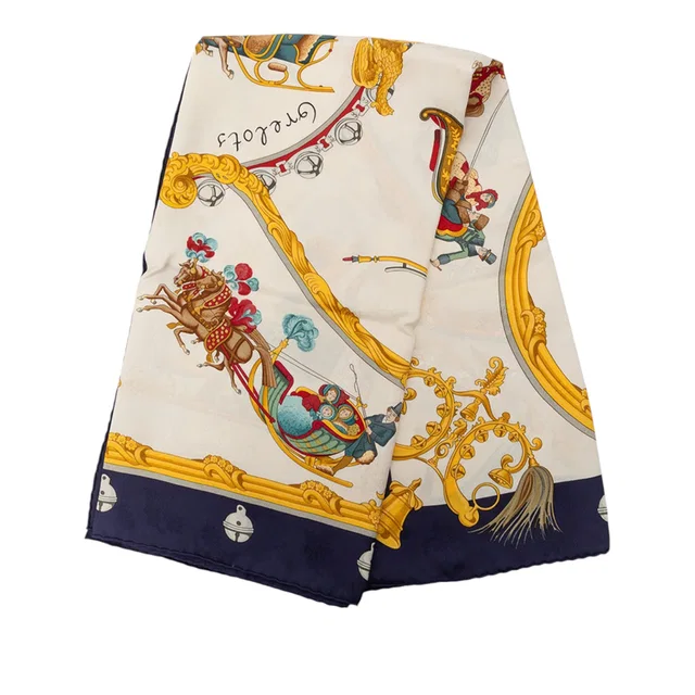 Blue Hermès Plumes et Grelots Silk Scarf 90 Scarves in Blue Silk from Designer Revival