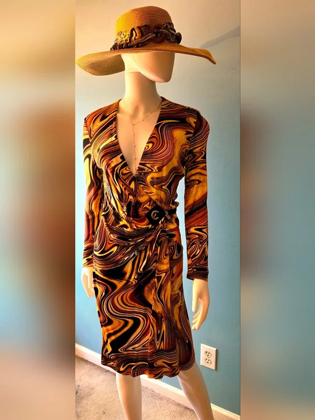 Escada Vintage Swirl-Print Wrap Dress In Brown And Gold in red|brown|gold from Poshmark