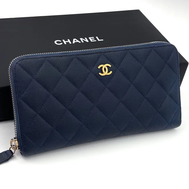 Chanel Quilted Caviar Leather Zip Around Wallet Navy in Navy Caviar leather from The Reluxe