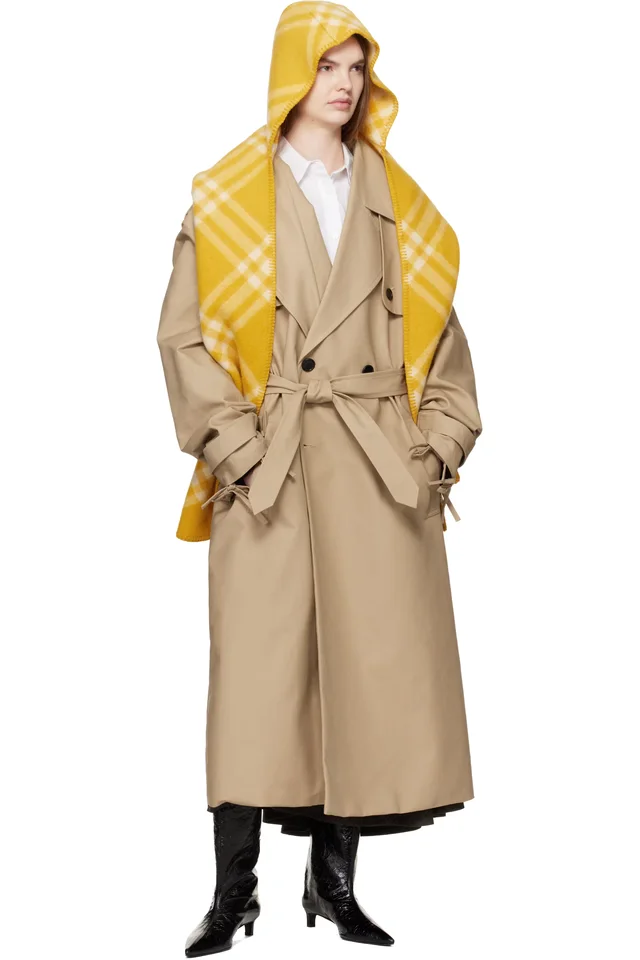 Burberry Yellow Check Wool Hooded Scarf, photo 3 of 3 from SSENSE