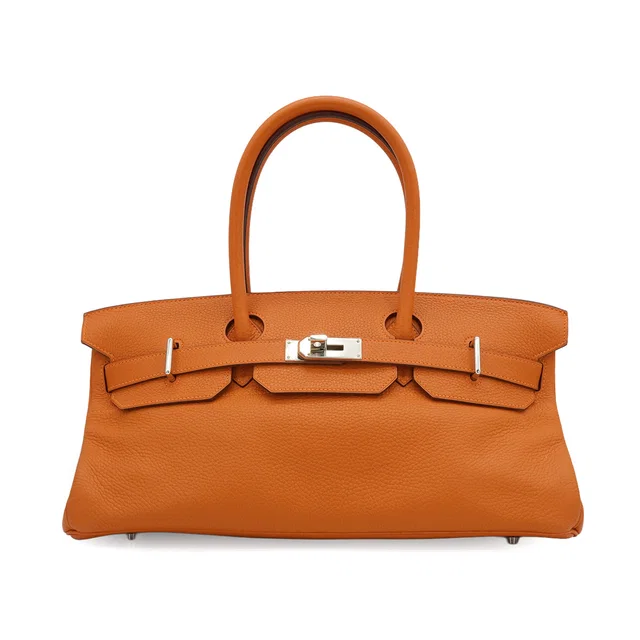 Hermès Shoulder Birkin Orange Taurillon Clemence Hand Bag 2005 Square I Palladium Hardware in Orange Clemence leather from Luxury Promise