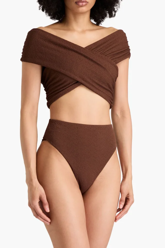 Mara Hoffman Imina High-Rise Stretch-Matelassé Bikini Bottoms in Chocolate, photo 2 of 4 from THE OUTNET