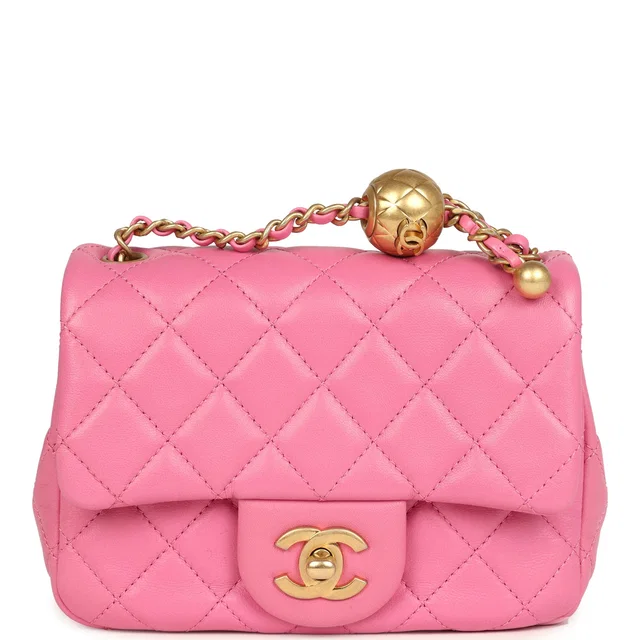 Chanel Mini Pearl Crush Square Flap Bag Pink Lambskin Brushed Gold Hardware in Pink Lambskin from Madison Avenue Couture