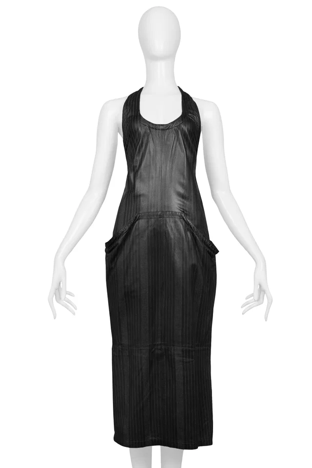 Versace BLACK LEATHER PINSTRIPE TANK DRESS 1990s in Black Leather from Resurrection Vintage