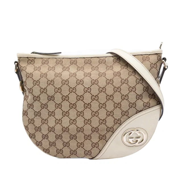 Beige Gucci Medium GG Canvas New Britt Half Moon Crossbody in Beige Canvas from Designer Revival