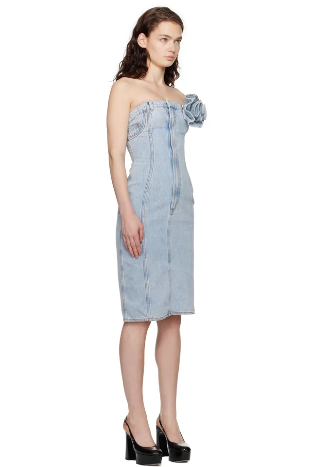 AREA Blue Flower Corsage Strapless Denim Midi Dress, photo 2 of 4 from SSENSE