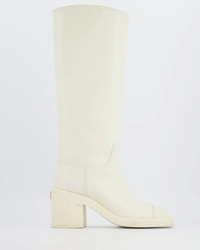 Chanel White Leather Knee-High Heeled Boots with CC Logo Detail and Gold Back CC Logo Size EU 37C in White Leather from Sellier