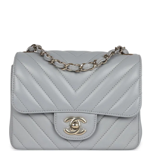 Chanel Mini Chevron Square Flap Bag Light Grey Lambskin Light Gold Hardware in Grey Lambskin from Madison Avenue Couture