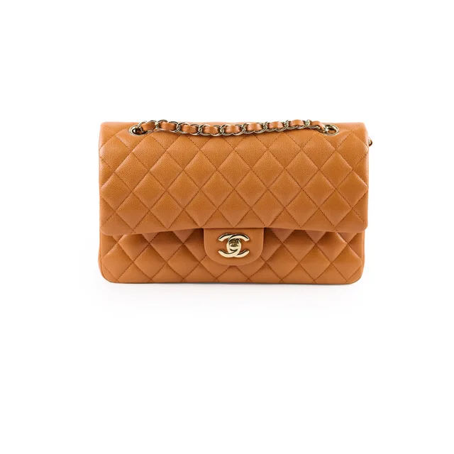 Chanel Medium Classic Flap Caramel Brown Caviar Light Gold HW in Brown Caviar leather from The Purse Affair