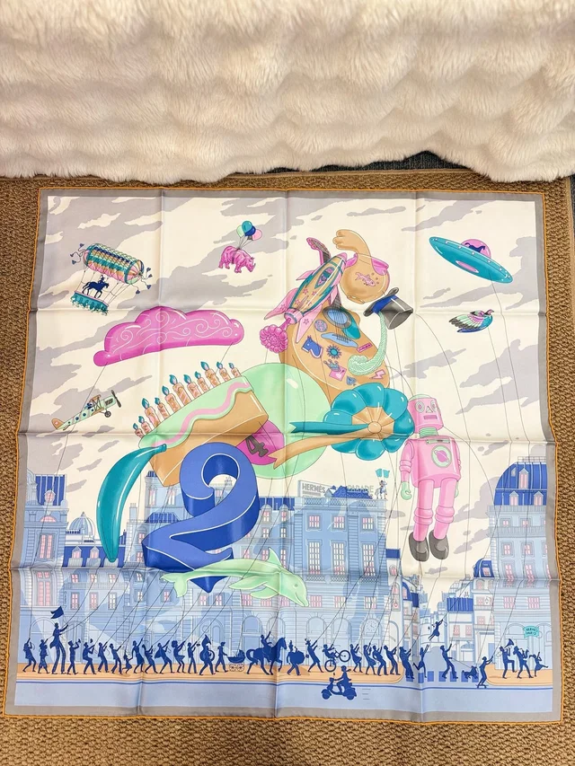 Hermès Parade" 90cm Silk Scarf – Whimsical Balloon & Parade Motif – 2024 Autumn/Winter Collection in Silk from Luxury Promise