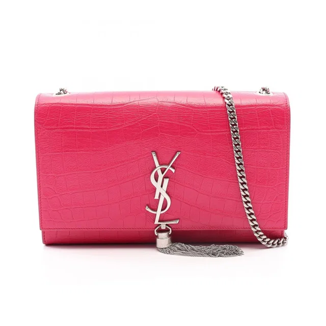 Saint Laurent Shoulder Bag Kate Monogram Croco Embossed Pink Leather in Pink Leather from The Reluxe