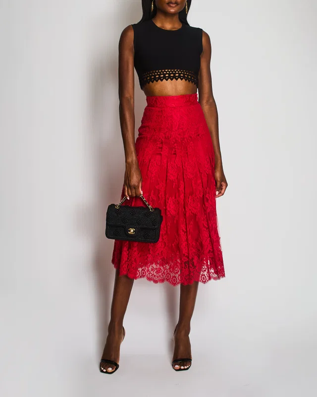 Dolce & Gabbana Red Lace Maxi Skirt Size IT 36 (UK 4) in Red Silk from Sellier