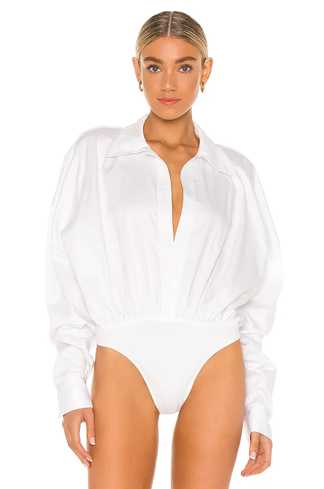 Norma Kamali Oversized Boyfriend Shirt Bodysuit in White, photo 2 of 5 from REVOLVE (Canada)