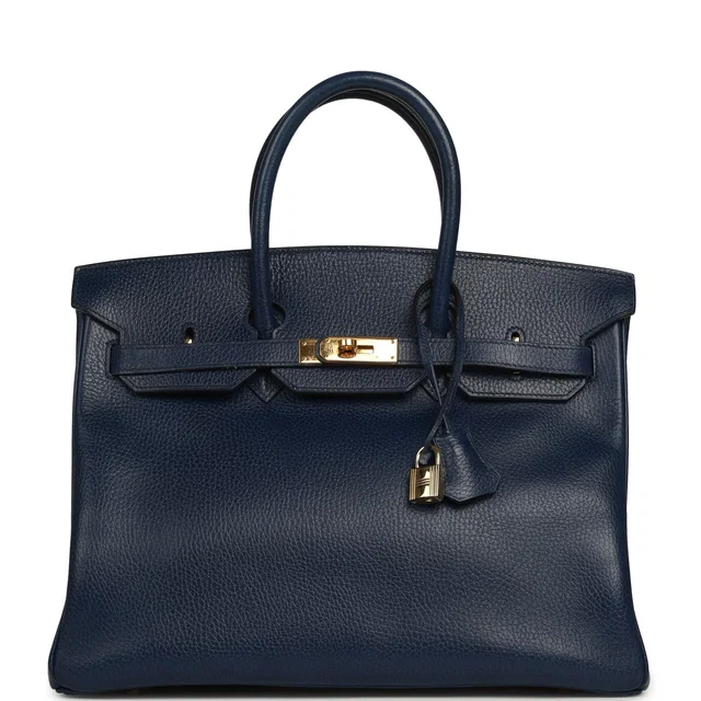 Hermès Vintage Birkin 35 Bleu Marine Ardennes Gold Hardware in Navy Goatskin from Madison Avenue Couture