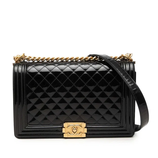 Black Chanel Medium Quilted Patent Boy Flap Crossbody Bag in Black Patent leather from Designer Revival