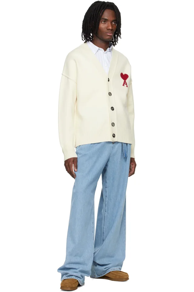 AMI Paris Off-White Wool Contrasted Ami de Coeur Cardigan, photo 4 of 4 from SSENSE