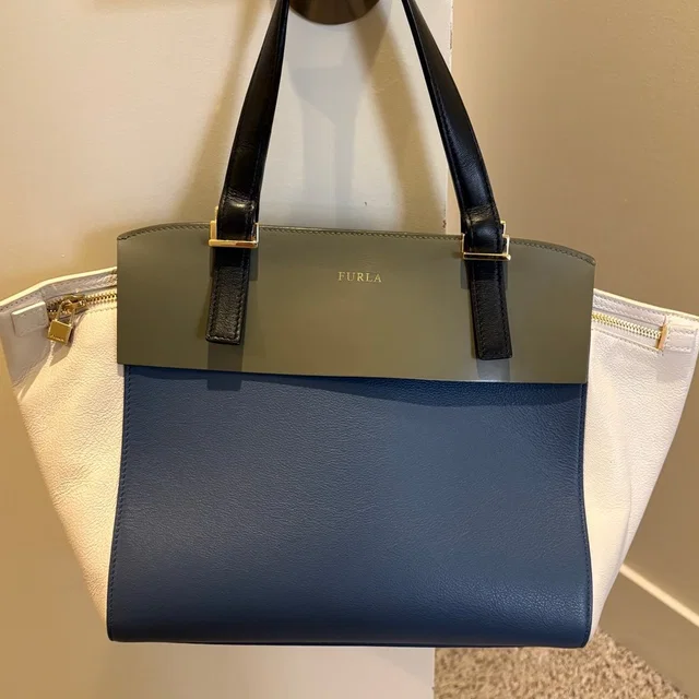 Furla Tri-Color Leather Tote In Navy, Olive, Black & White in blue|white Leather from Poshmark