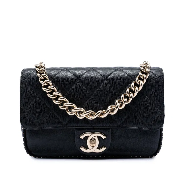 Black Chanel Small CC Quilted Caviar Studded Single Flap Satchel in Black Caviar leather from Designer Revival