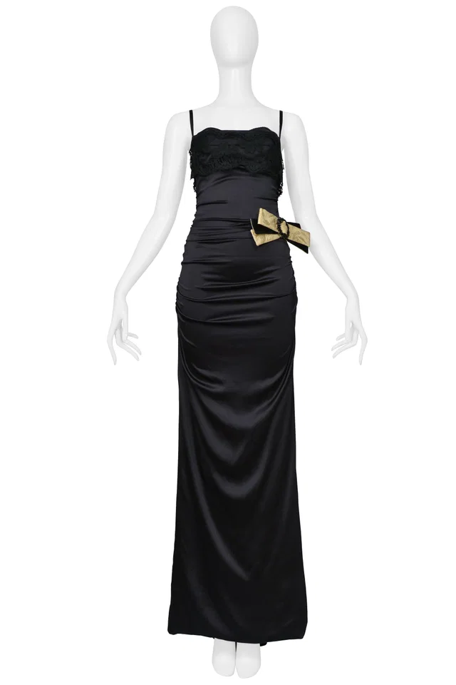 Dolce & Gabbana Black Satin Dress Evening Gown With Lace And Gold Bow With Crystals in Black Satin from Resurrection Vintage
