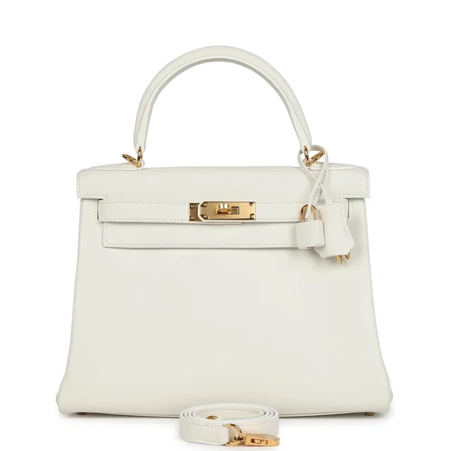 Hermès Kelly Retourne 28 White Evercolor Gold Hardware in White Goatskin from Madison Avenue Couture