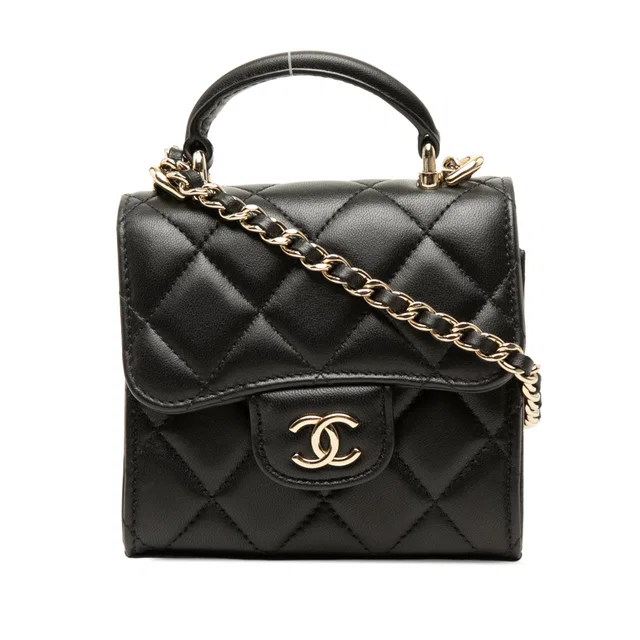 Black Chanel CC Quilted Lambskin Top Handle Flap Clutch With Chain Satchel in Black Lambskin from Designer Revival
