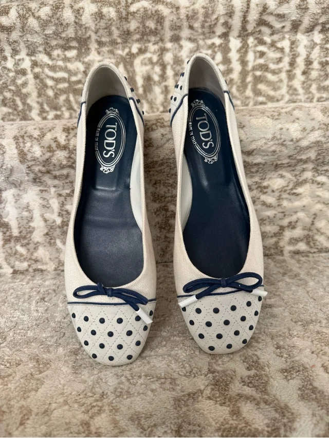 Tod's Women's Cream And Black Polka Dot Ballet Flats in black Leather from Poshmark