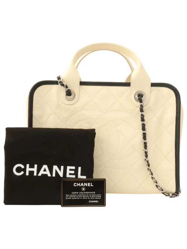 Chanel Around 2014 Made Caviar Skin Deauville Bowling 2-way Bag Ivory in White Caviar leather from VINTAGE QOO TOKYO, photo 12 of 12