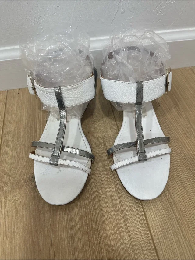 Lanvin Classy White And Silver T-Strap Block Heel Sandals in silver|gray|white Leather from Poshmark