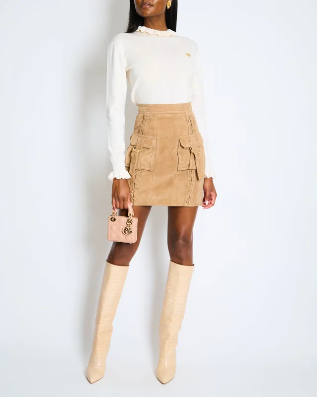 Balmain Tan Suede Lace-Up Mini Skirt Size FR 36 (UK 8) in Brown Suede from Sellier