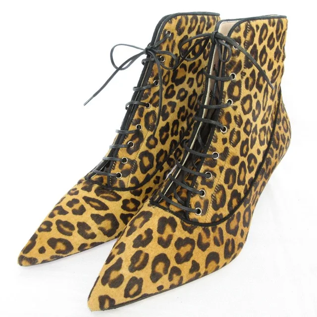 Miu Miu Leopard Pattern Calf Hair Leather Pointed Toe Lace Up Boots in Leather from The Reluxe