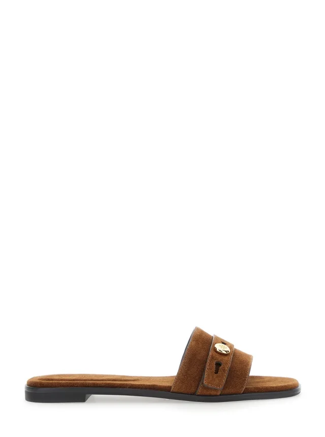 'Romy' Brown Sandals with Logo Plate on the Front in Suede for Women in Brown, image 1 of 1 from Gaudenzi Boutique