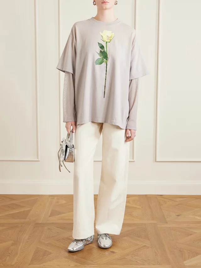 ACNE STUDIOS Distressed mesh-trimmed printed cotton-jersey T-shirt in Grey, photo 2 of 2 from NET-A-PORTER (Canada)