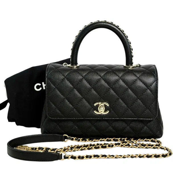 Chanel Black Caviar Coco Handle Small Bag with Chain Handle in Black Caviar leather from Luxury Promise
