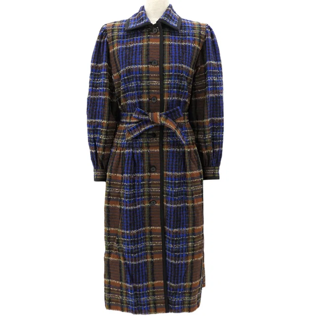 Givenchy Checked Pattern Trim Long Coat Brown/Blue in Brown Wool from VINTAGE QOO TOKYO