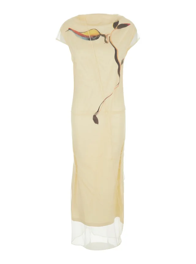 SPORTMAX 'Viale' Yellow Long Dress with Floral Motif on the Front and Round Neckline on the Back in Stretch Tech Fabric for Women in Yellow 88% Polyamide 12% Elastane, photo 2 of 6 from Gaudenzi Boutique