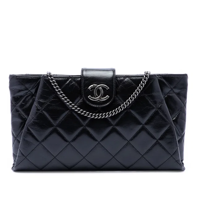 Black Chanel Quilted Glazed Calfskin Coco Pleats Chain Clutch Crossbody Bag in Black Calfskin from Designer Revival