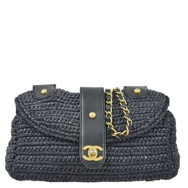 Chanel 2005-2006 Black Straw Chain Shoulder Bag in Black Raffia from AMORE Vintage Tokyo