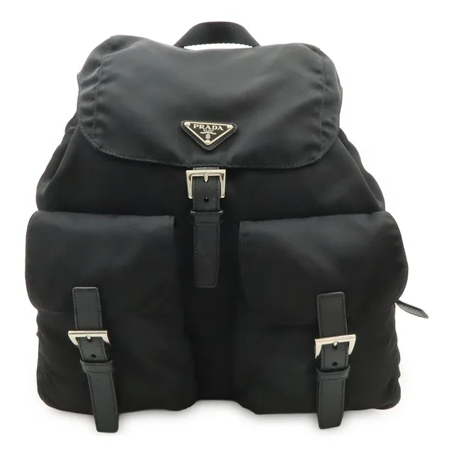 Prada Triangle Logo Backpack Nylon Leather Nero Black Silver in Black Nylon from The Reluxe