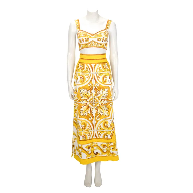 Dolce & Gabbana Cotton Majolica Print Top & Skirt | Top: IT 40, Skirt: IT 38 in Yellow from Blue Spinach