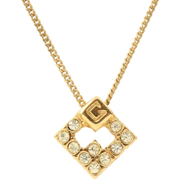 Givenchy Rhinestone Logo Plate Necklace Gold in Gold from VINTAGE QOO TOKYO