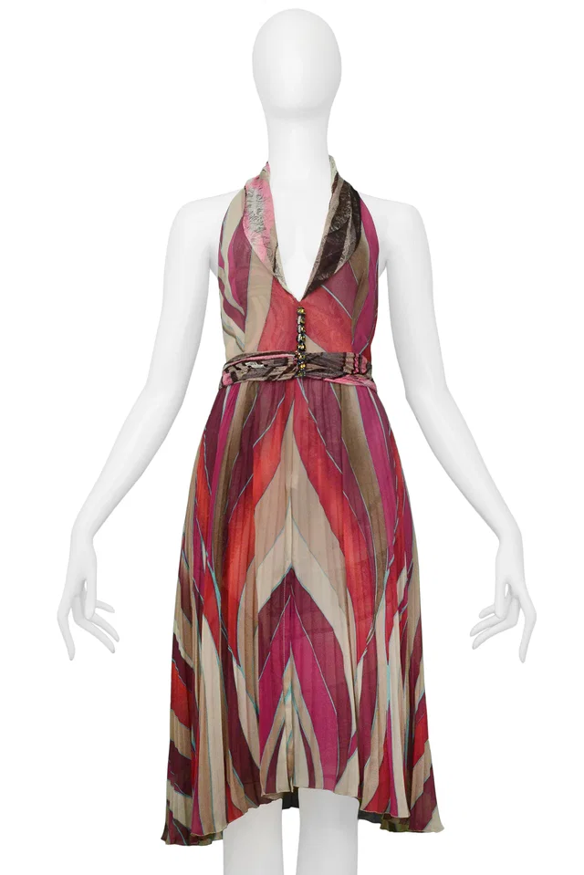 Versace Pink Abstract Print Halter Dress With Lace Panels 2000 in Pink Woven leather from Resurrection Vintage