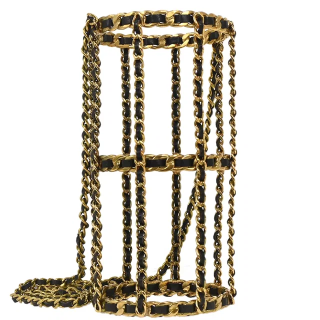Chanel Gold Black Bottle Holder Shoulder Bag in Black Leather from AMORE Vintage Tokyo