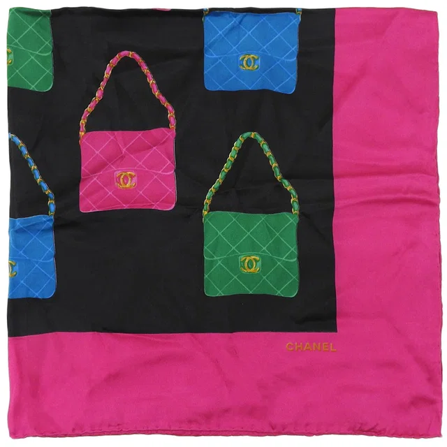 Chanel Matelassé Bag Pattern Scarf Fuchsia Pink/Black/Multi in Black Silk from VINTAGE QOO TOKYO