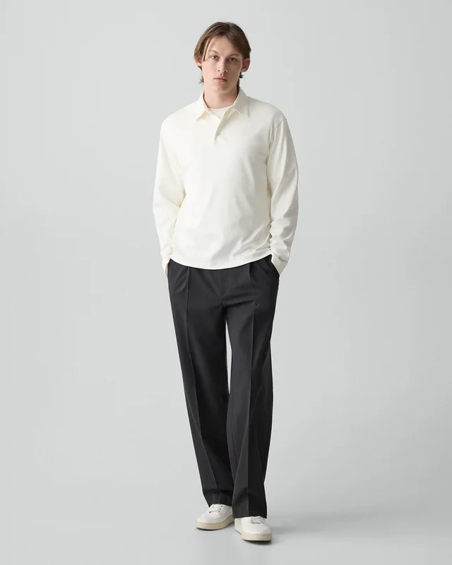 Theory Relaxed Long-Sleeve Polo Shirt in Cotton Jersey in WHITE, photo 12 of 12 from Theory