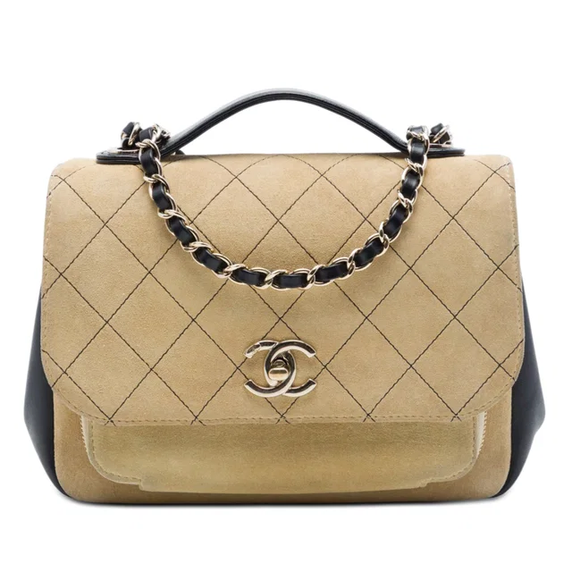 Beige Chanel Medium CC Quilted Suede Business Affinity Flap Satchel in Beige Suede from Designer Revival