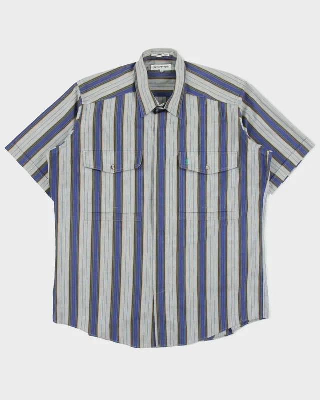 Vintage 1980s Yves Saint Laurent Striped Short Sleeve Flap Pocket Shirt - L from Rokit Vintage